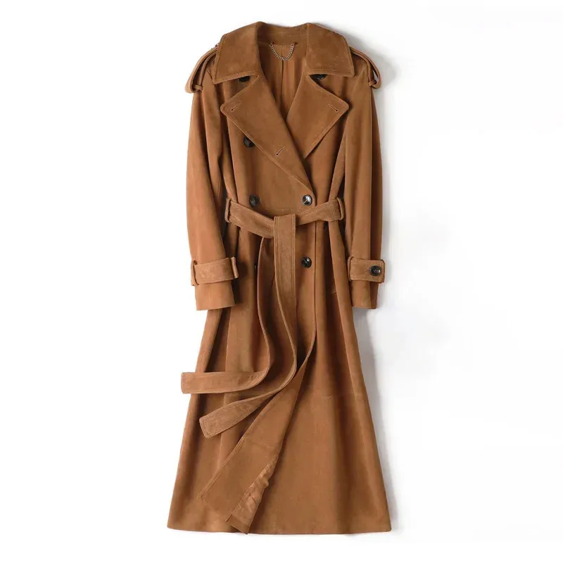 Women Suede Trench Coat Genuine Leather Sheepskin Jacket With Soft Leather Coat Strap
