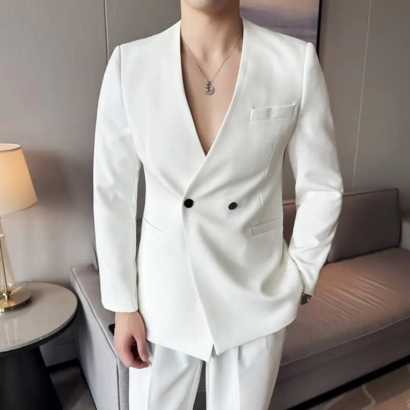 Stylish Men's Suit Coat Collarless V-Neck SolidWear Korean Style Slim Fit Blazer Jacket Male