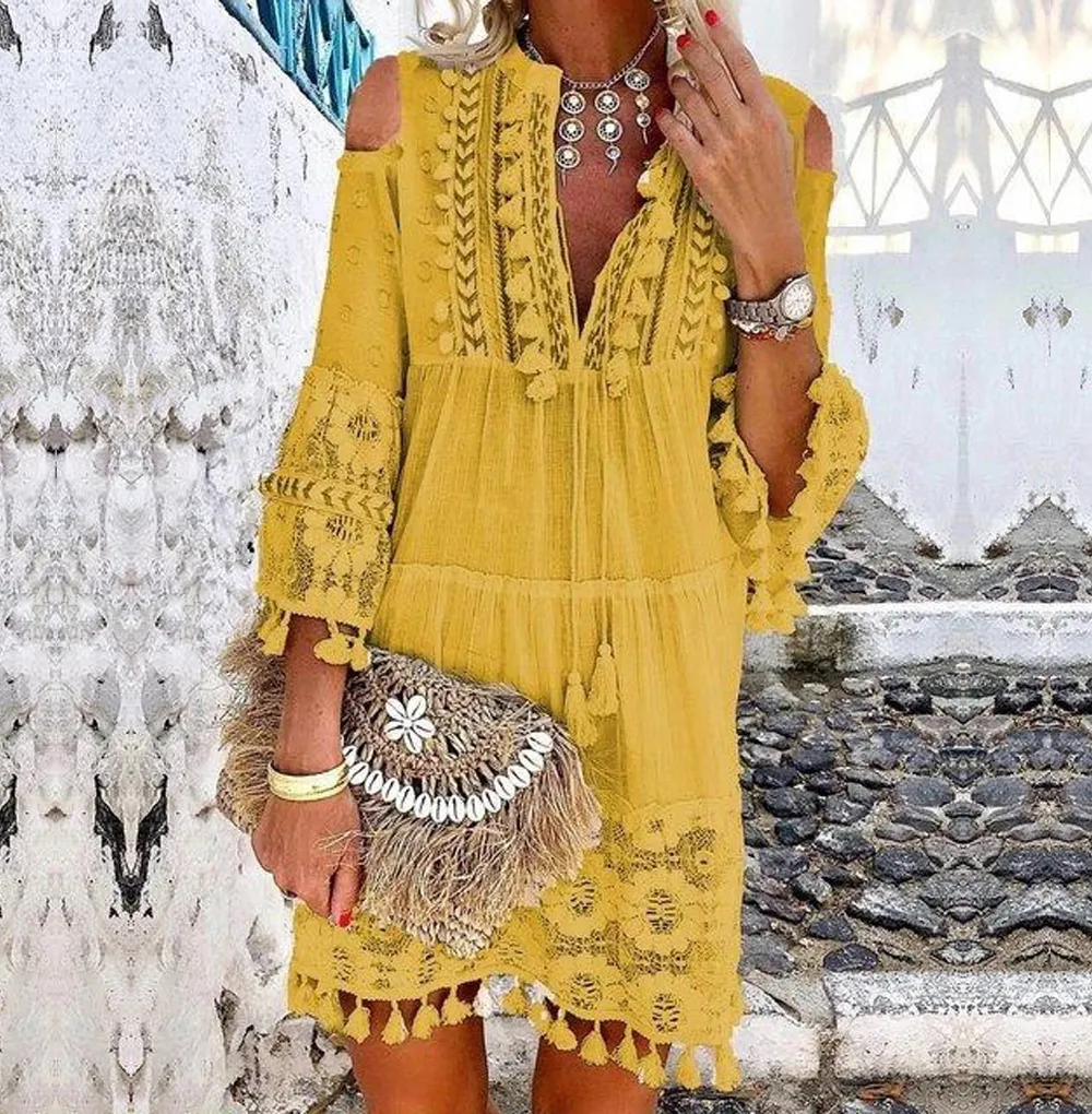 Women's V-Neck Bohemian Long Dress Solid Tassel Li...