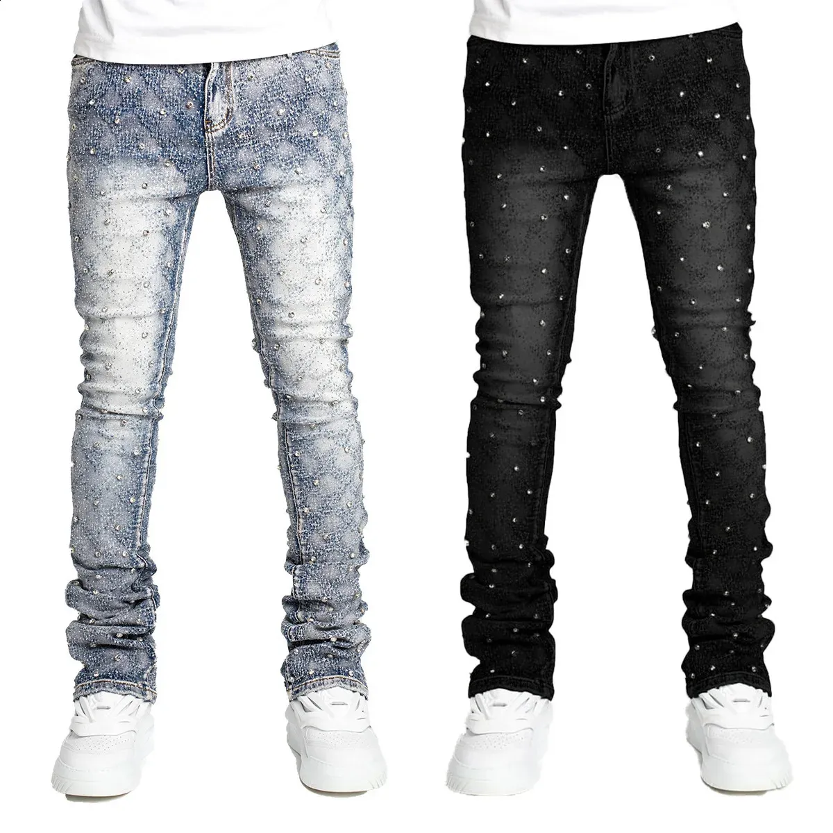 Men's Skinny Jeans With Pearl And Rhinestone Desig...