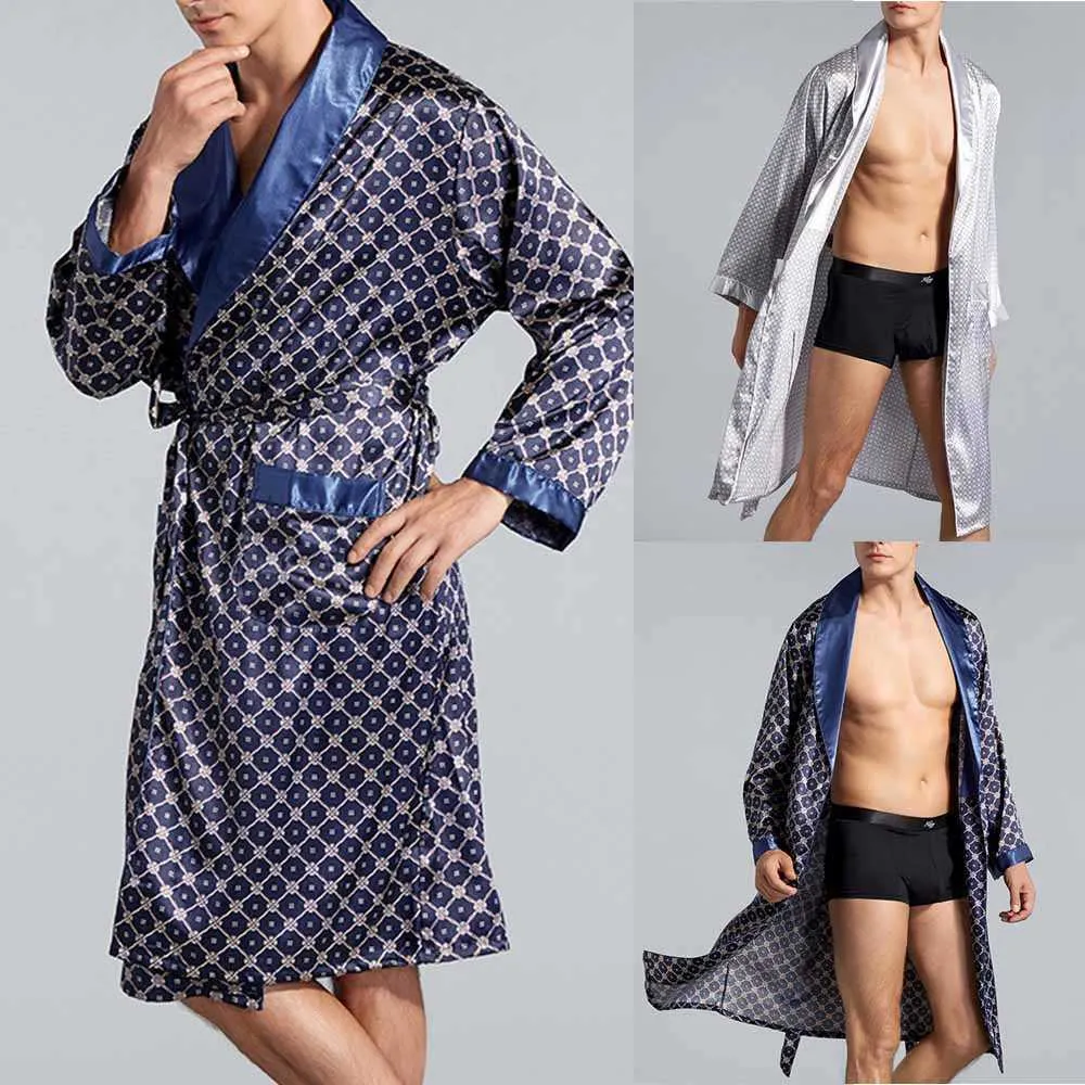 Mens Satin Silk Luxury Pajamas Kimono Bathrobe Rob...