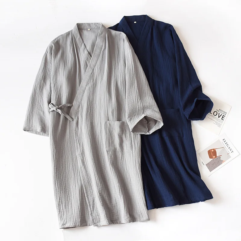 Cotton Night-Robe Men Bathrobe Loose Style Sauna W...