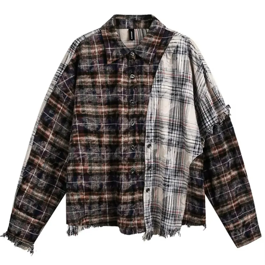 Vintage Patchwork Plaid Shirts Oversized Long Sleeve Shirts Button Up Blouse Men Streetwear Hip Hop Shirts