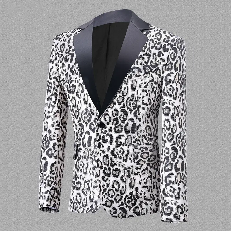Men's Leopard Blazers Jacquard Suit Jacket Tuxedo Coat