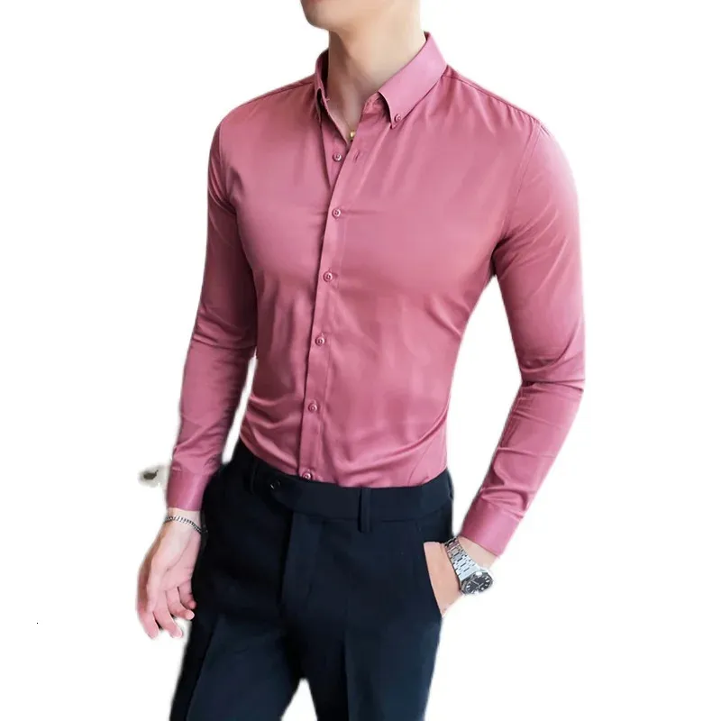 Solid Long Sleeved Mens Social Shirt Ultra-Thin Fitting Formal Mens