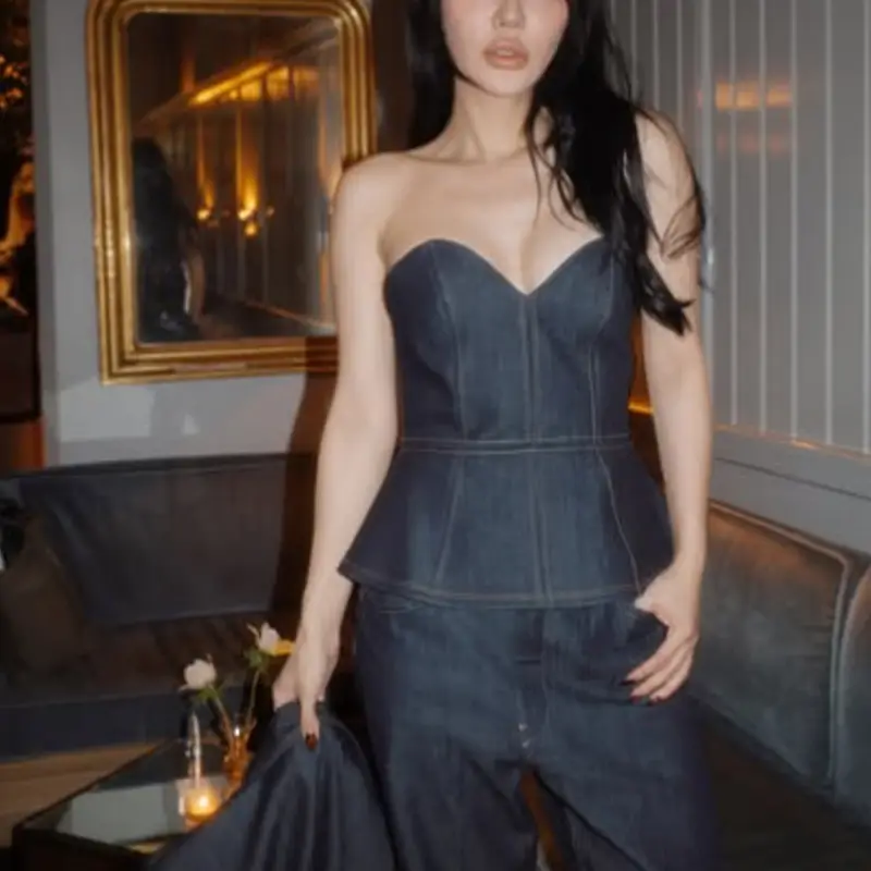 Women's Denim Corset Tube Top Cropped Summer Off S...