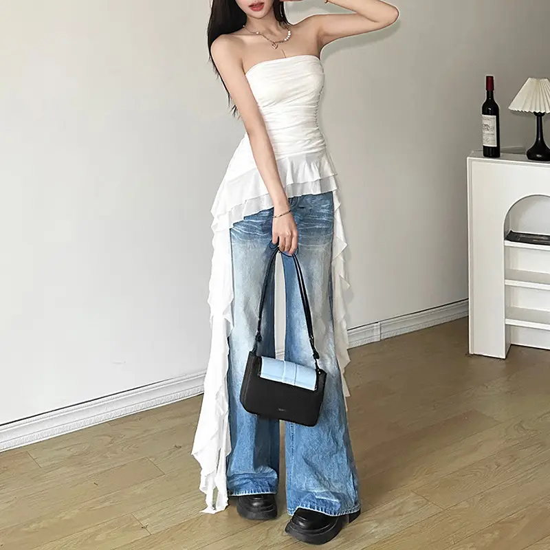 Women's Solid Color Tube Top Summer Off Shoulder S...