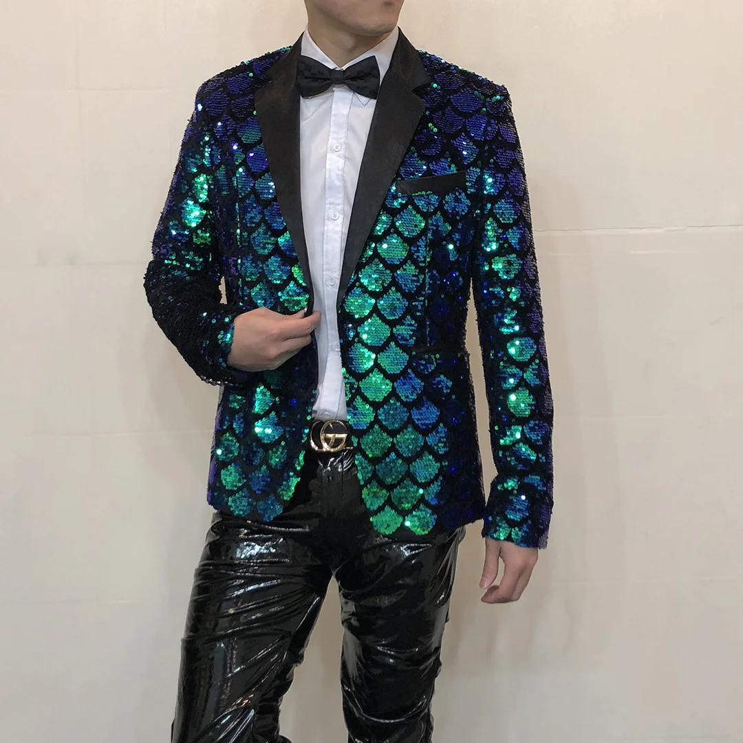Men's Shiny Sequin Blazers Jacket Host Singer Stage Performance Clothes Nightclub Male Party Glitter Tuxedo Coat
