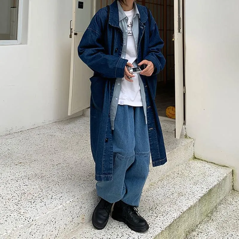 Men's Trench Coats High-quality Windbreaker Males Vintage Denim Jackets Fashion Trend Casual Long Blue Loose Overcoat