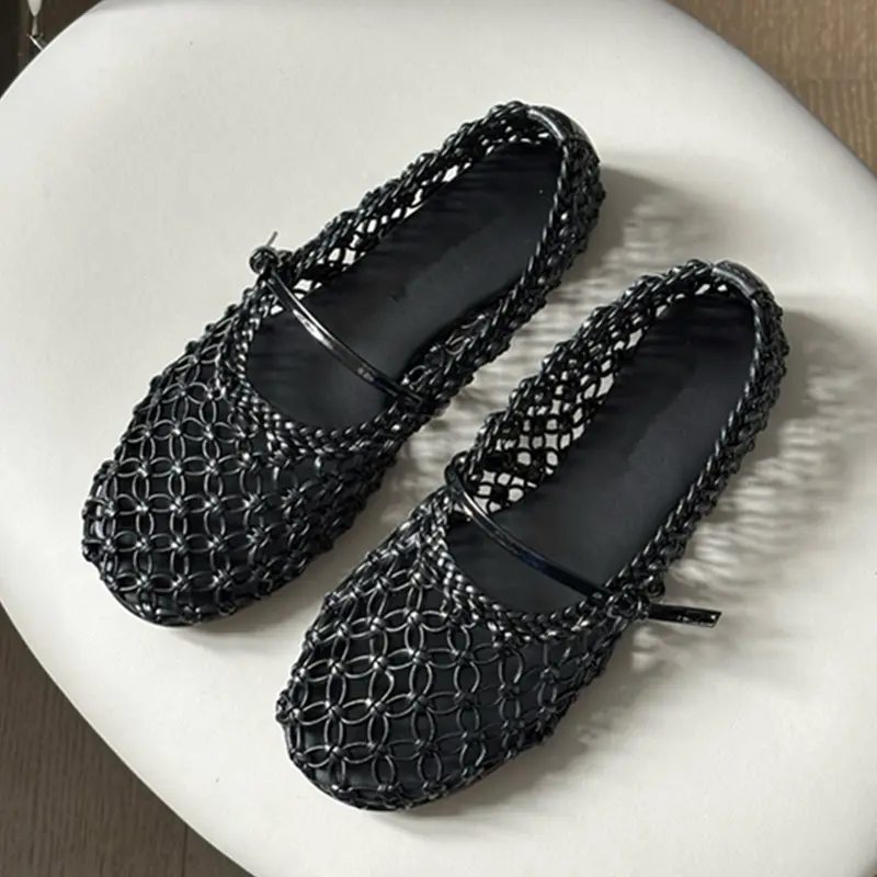 Withered French Lazy Retro Woven Hollow Mary Jane Flat Shoes Minimalist Lightweight Comfortable Loafers Summer Shoes Women