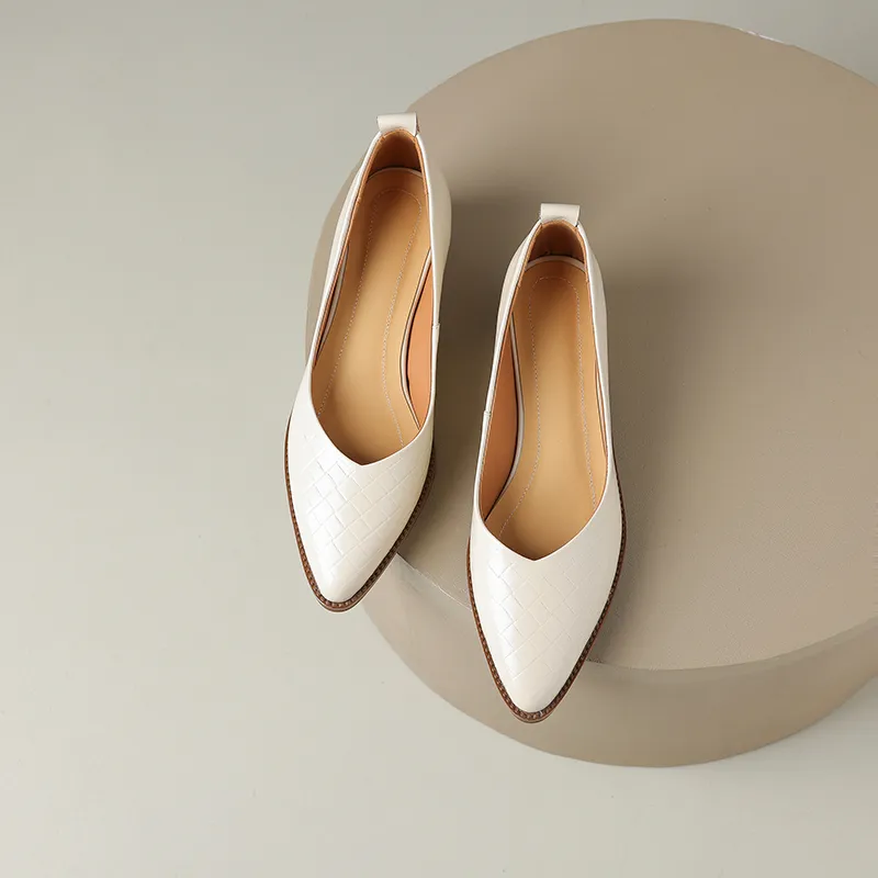 Spring Pointed Toe Medium Heel Casual Loafers for Women, Genuine Leather Shallow Pumps
