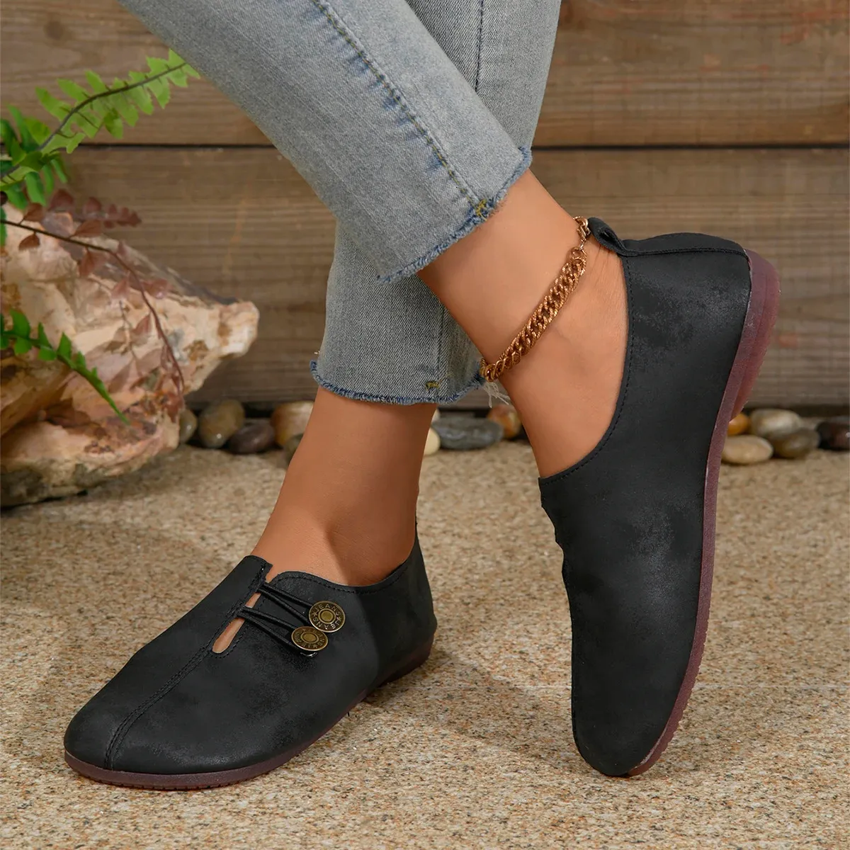 Women Outdoor Casual Flat Sole Single Trend Bean Shoes Buttons Loafers Comfortable Women Shoes