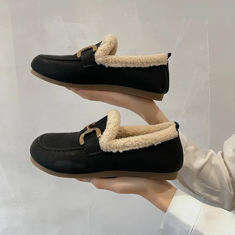 Loafers Leather Woman Boots Winter Flat Fashion Keep Warm One-step Faux Fur Casual Women Walking Flats Shoes