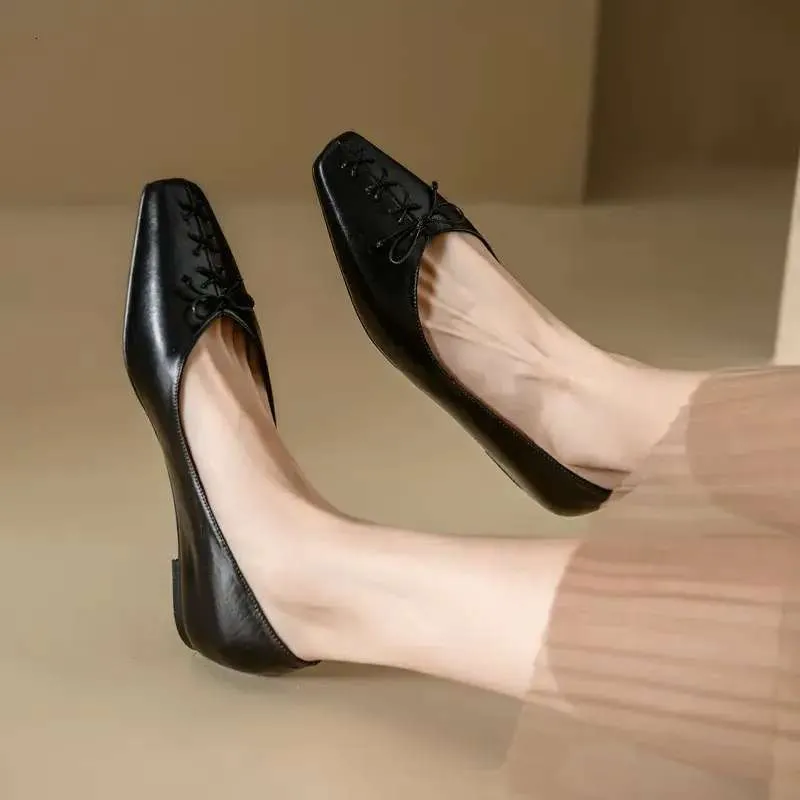 Spring Loafers Genuine Leather for Square Toe Low Heel Women Pumps Slip-on Ladies Shoes