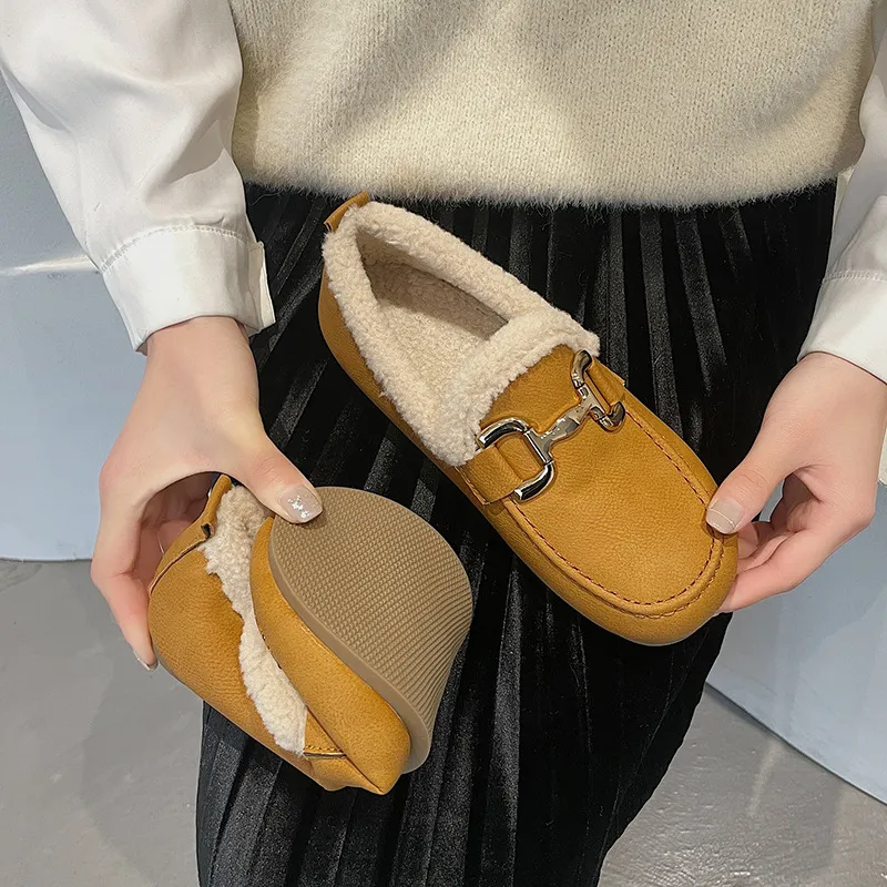 Loafers Leather Woman Boots Winter Flat Fashion Keep Warm One-step Faux Fur Casual Women Walking Flats Shoes