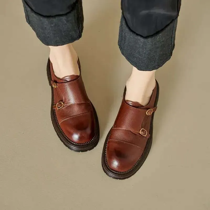 Autumn Oxford Loafers Retro Women Pumps Genuine Leather Bullock Platform Ladies Shoes