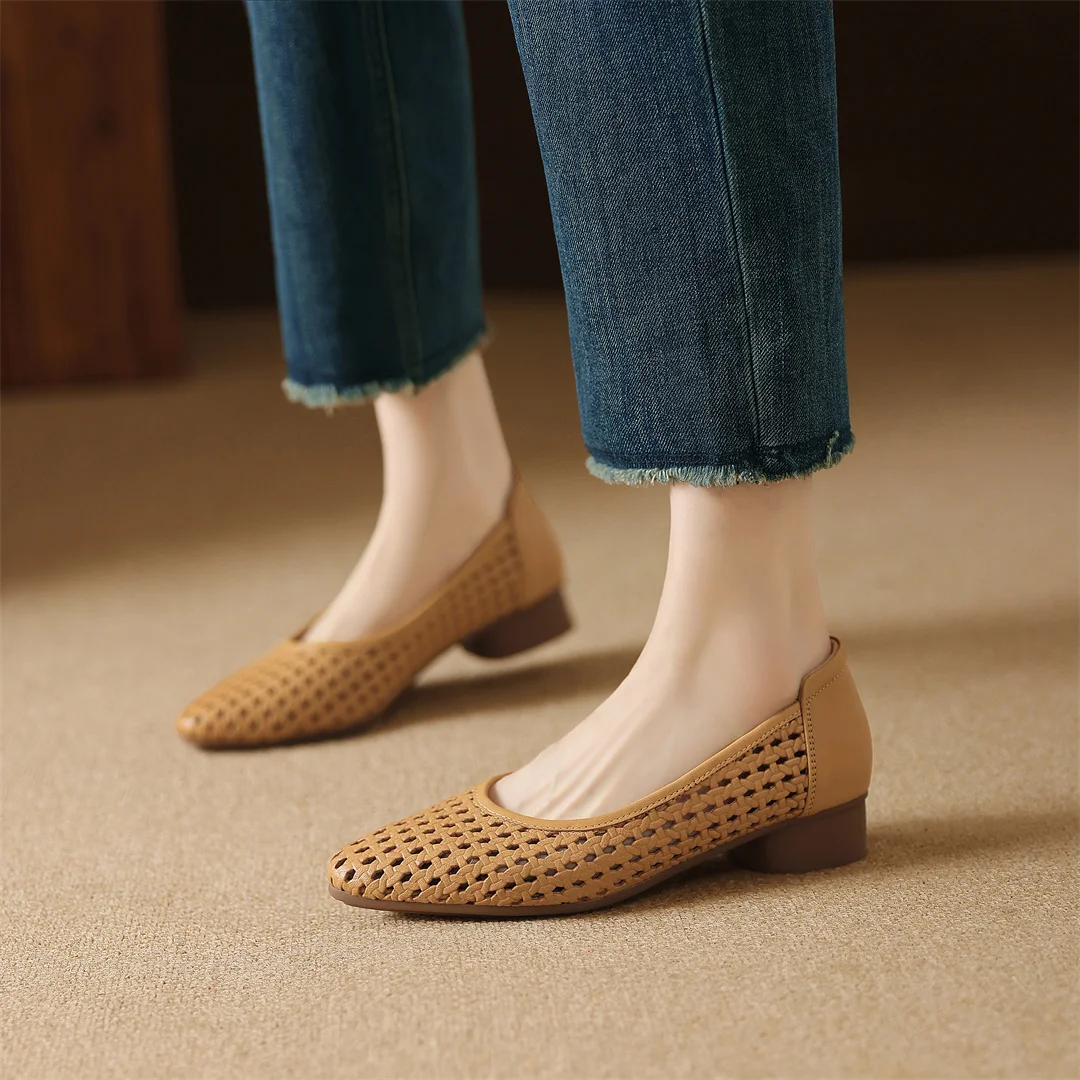 Women's Hollow-Out Sheepskin Round Toe Breathable Summer Flats Elegant Ladies 3cm Thick Low Heel Daily Slim Dress Shoes Woman