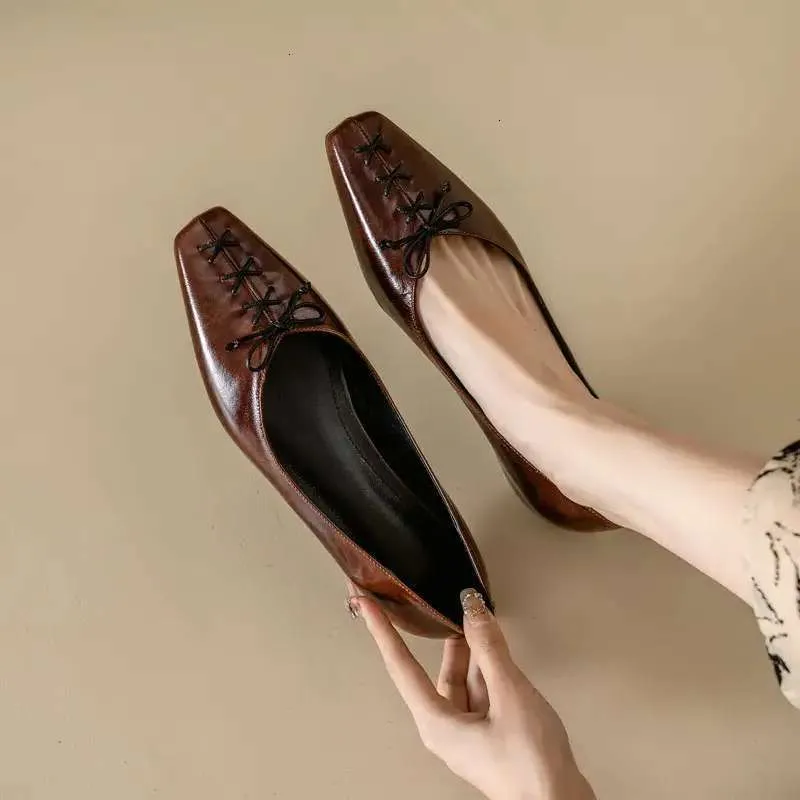 Spring Loafers Genuine Leather for Square Toe Low Heel Women Pumps Slip-on Ladies Shoes