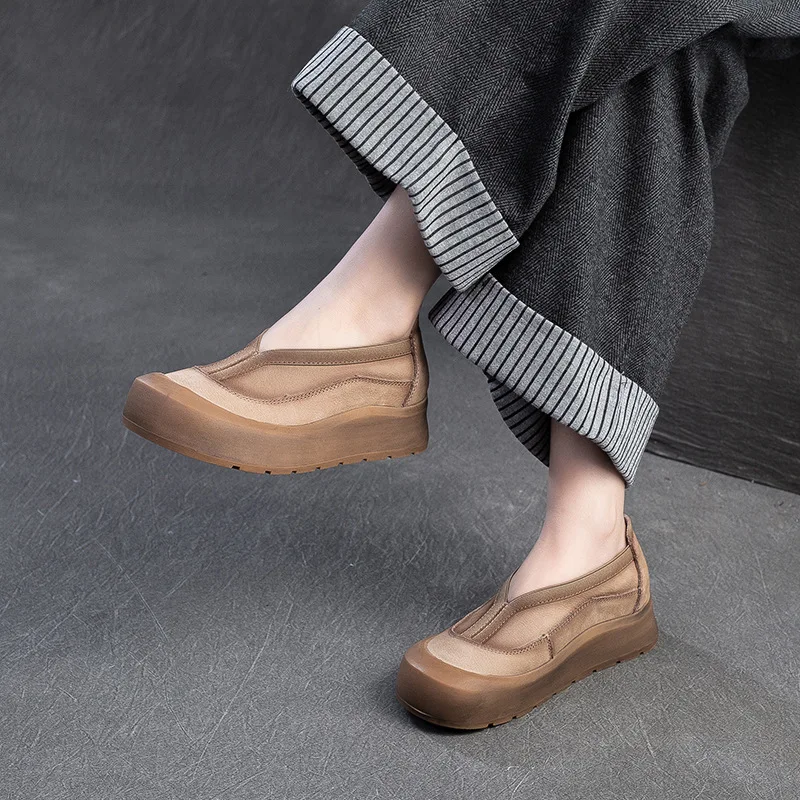 4.5cm Cow Suede Genuine Leather Wome Spring Chunky Sneaker Autumn Flats Loafer High Autumn Platform Wedge Shoes