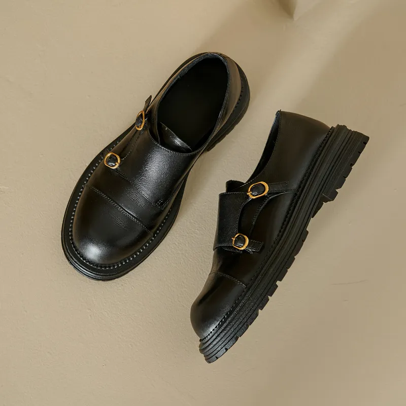Autumn Retro Style Genuine Leather Bullock Platform Oxford Loafers for Women