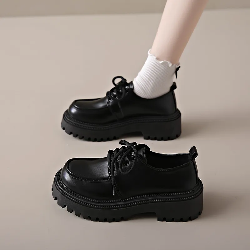 Women's Thick Sole Loafers with Deep Lacing and Round Head, Non-slip Soft Sole Design for Autumn