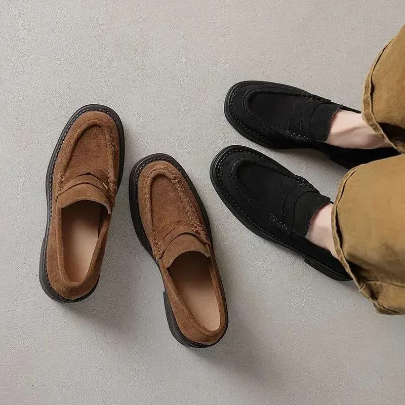 Round Toe Chunky Heel Platform Loafers for Women Suitable for Autumn and Spring Made of Genuine Leather