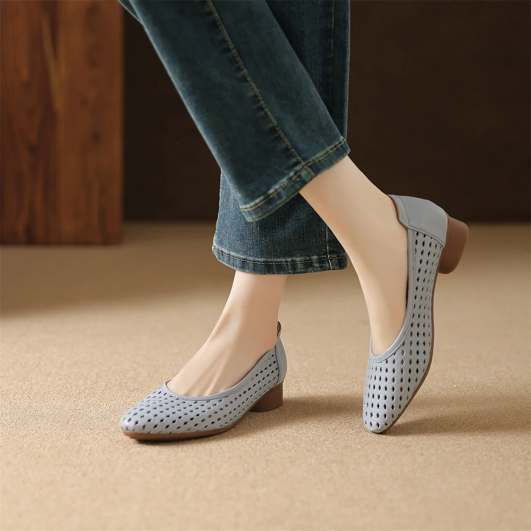 Women's Hollow-Out Sheepskin Round Toe Breathable Summer Flats Elegant Ladies 3cm Thick Low Heel Daily Slim Dress Shoes Woman