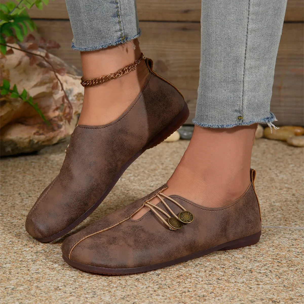 Women Outdoor Casual Flat Sole Single Trend Bean Shoes Buttons Loafers Comfortable Women Shoes