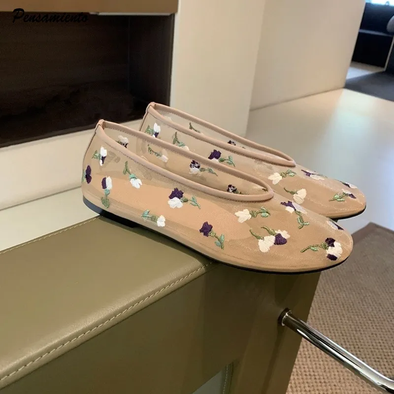 Mesh Fashion Embroidery Wers Women Ballet Flats Su...