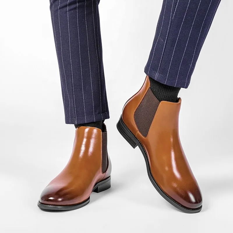 Genuine Cow Leather Men Ankle Shoes With Elastic Band Black Slip On Formal Business Fashion Boots For Men