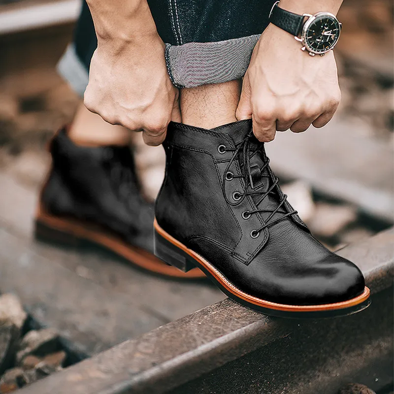 Stylish Retro High Leather Dress Business Working Brown Male Boots Laceup Flat Casual Comfortable Mens Shoes
