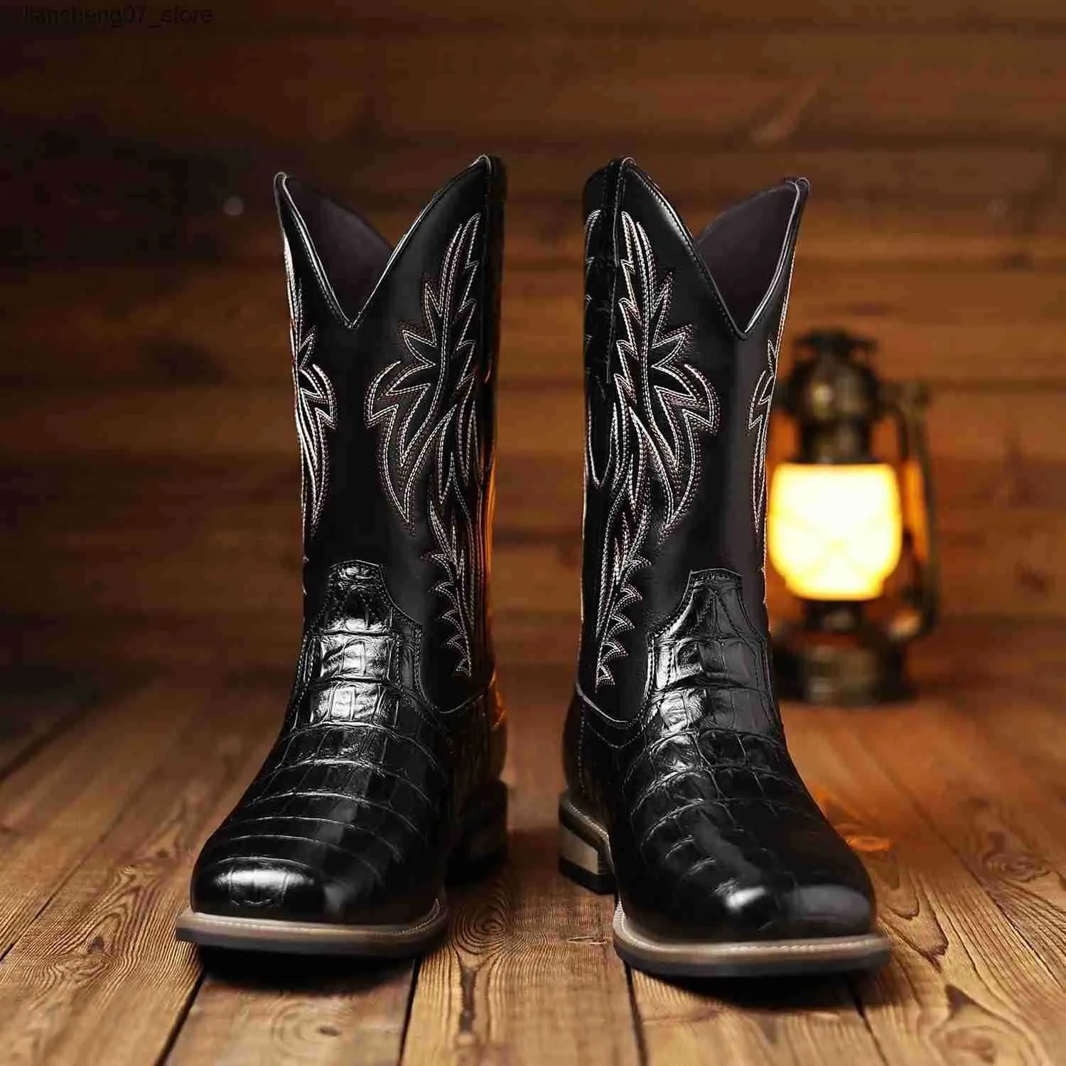 Boots Mens Cowboy Boots Imitating Executive Embroidery Retro Wide Toe Western Style Cowboy Boots