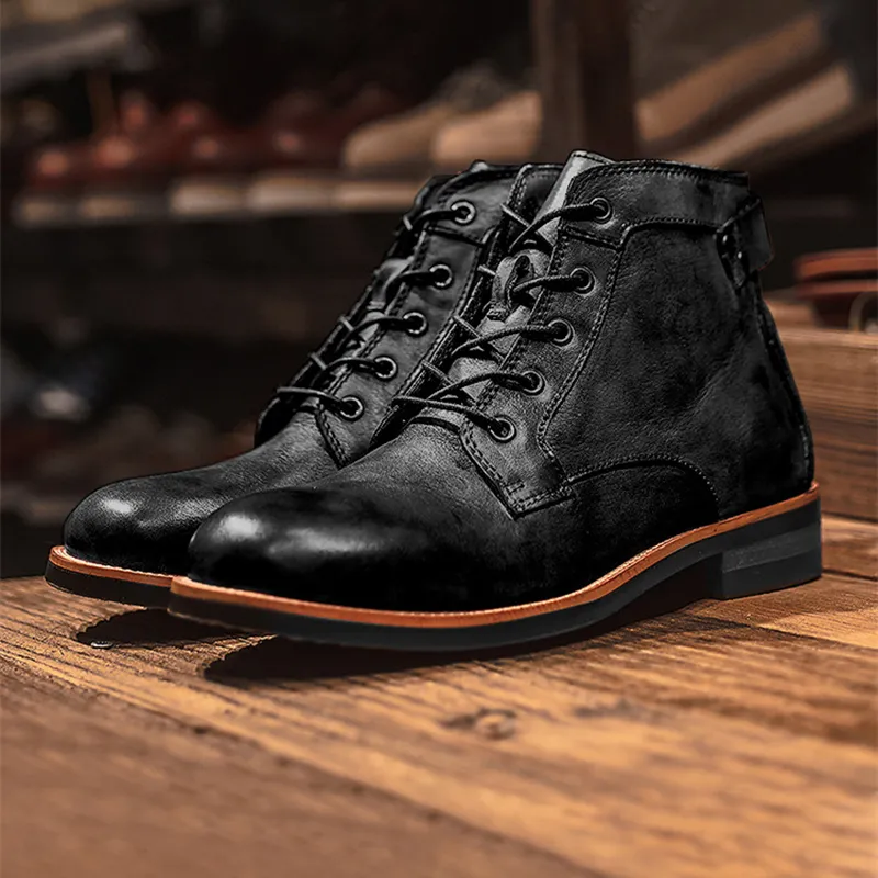 Stylish Retro High Leather Dress Business Working Brown Male Boots Laceup Flat Casual Comfortable Mens Shoes