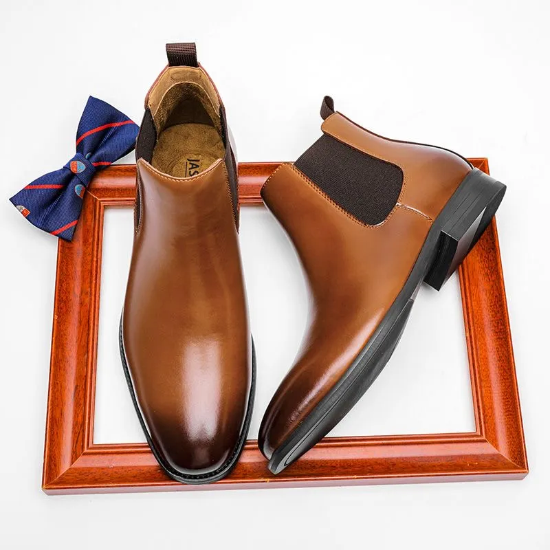 Genuine Cow Leather Men Ankle Shoes With Elastic Band Black Slip On Formal Business Fashion Boots For Men