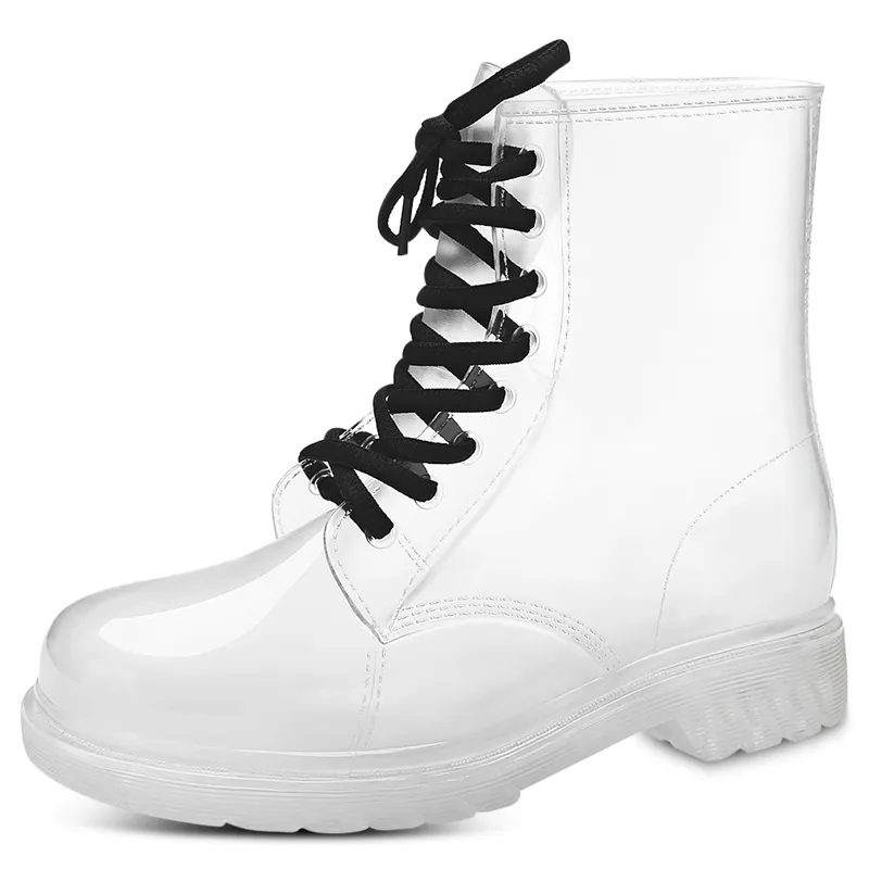 Platform Fashion Rain Boots for Women, Transparent Waterproof Low-Heeled Mid-Calf Water Shoes, Classic Style
