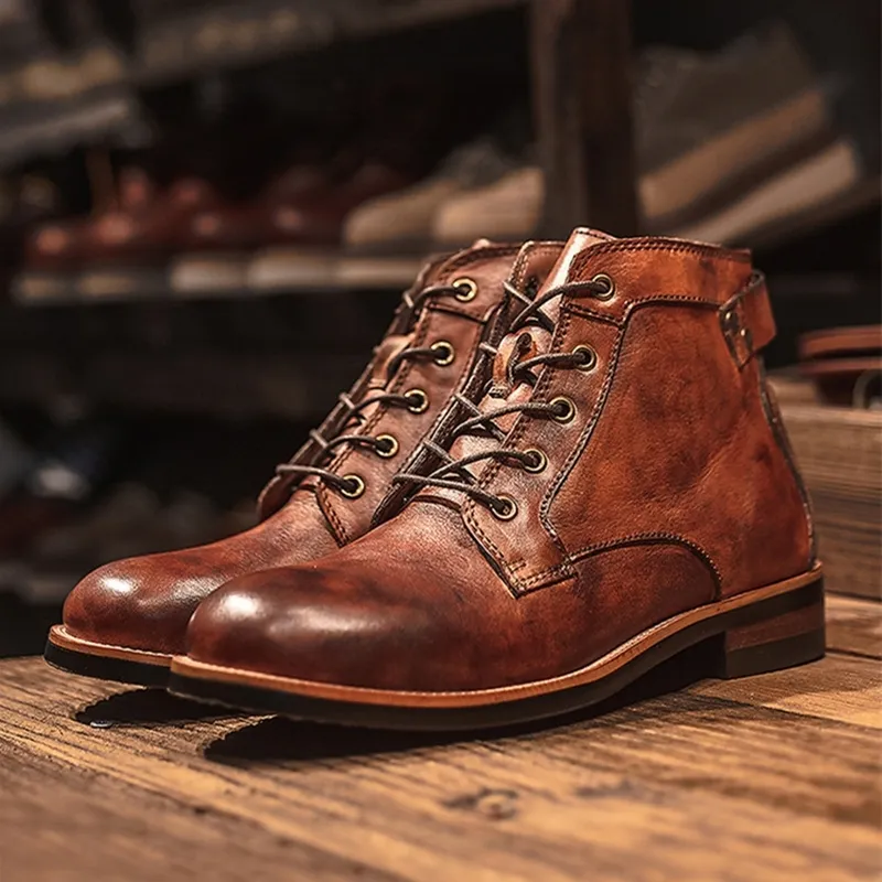 Stylish Retro High Leather Dress Business Working Brown Male Boots Laceup Flat Casual Comfortable Mens Shoes