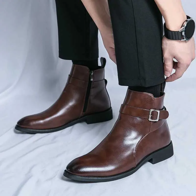 Men Motorcycle Boots Leather Classic Male Low Top Shoes Side Zipper Mens Boots