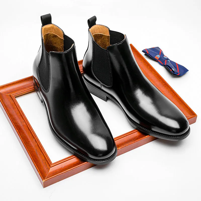 Genuine Cow Leather Men Ankle Shoes With Elastic Band Black Slip On Formal Business Fashion Boots For Men