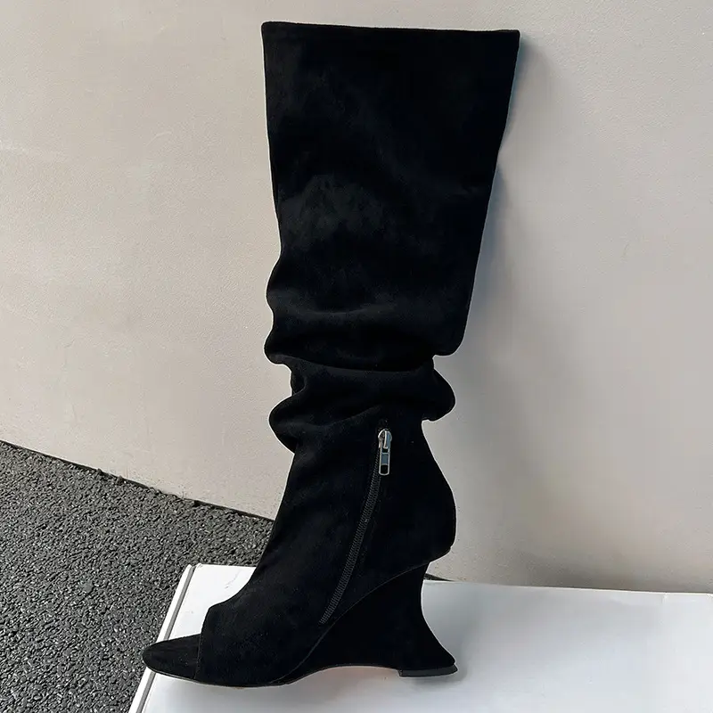 Wedge Peep Toe Sandal Boots Over-the-knee High Boots Strange Super High Heel Side Zip Stretch Fabric Solid Spring Women Shoes