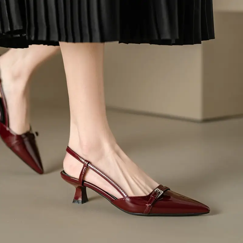 Summer Women's Formal Patent Leather Sandals, Slip-On Pointed Mid-Heeled Shoes with Buckle Strap and Slingback Design