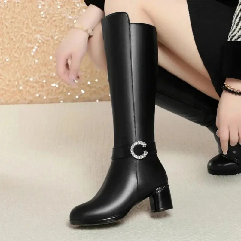 Knight Boots Women's Genuine Leather Winter Natural Wool Women's High Heel Boots Warm Women's Long Boots