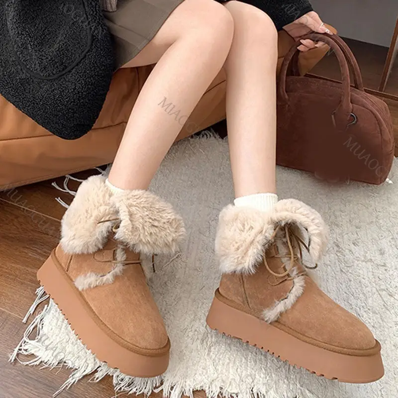 Fur Snow Boots Women Autumn Winter Thick Sole Warm Padded Short Plush Boots Lace Up Solid Casual Ankle Botas