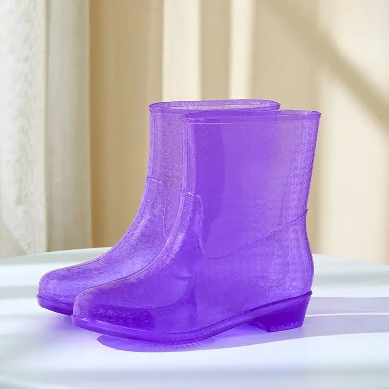 Women's Fashionable Mid-Calf Crystal Rain Boots, Transparent Anti-Slip PVC Boots for Adults