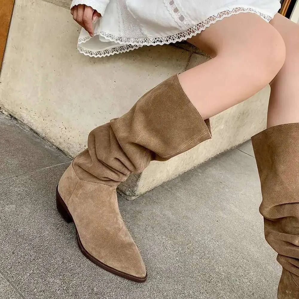 Suede Leather Retro Autumn And Winter Slip-On Women's Boots Pointed Toe Square Heel Basic Knee-High Boots