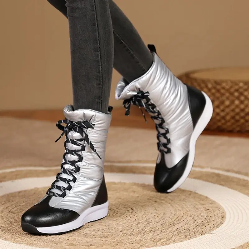 Winter Women Fur Snow Boots Waterproof Down Thick Heel Casual Outdoor Warm Plush Mid-Calf Platform Boots