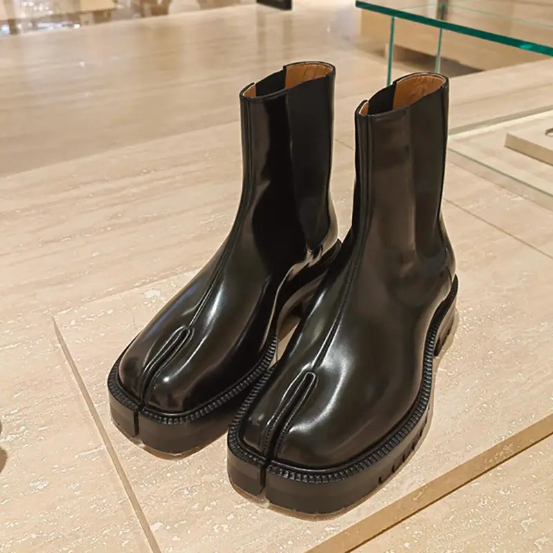 Women's Black Cow Leather Split Toe Outdoor Comfort High Top Classic Chelsea Ankle Boots