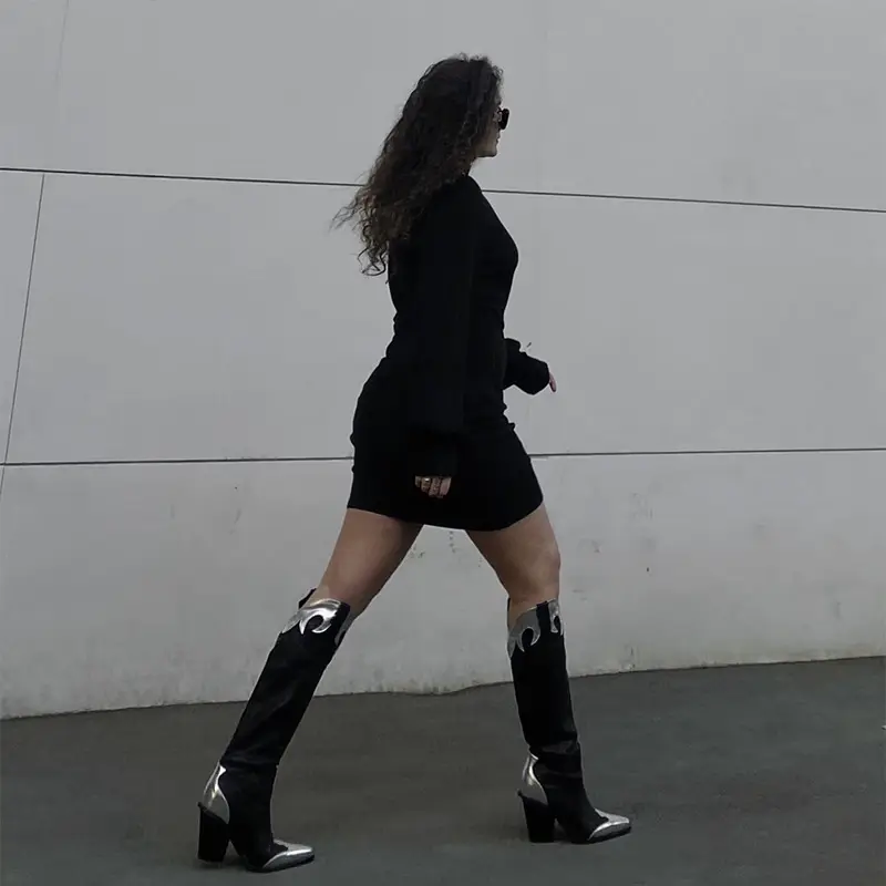 Pointed Toe Western Boots with Metallic Leather Trim, Knee-High Block Heel Pull-On Cowgirl Booties