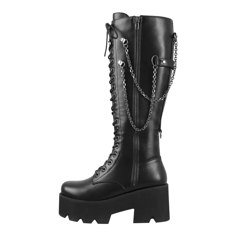 Platform Women Punk Booties Black PU Lace Up Mid Calf Chunky High Heels Side Zip Motorcycle Boots