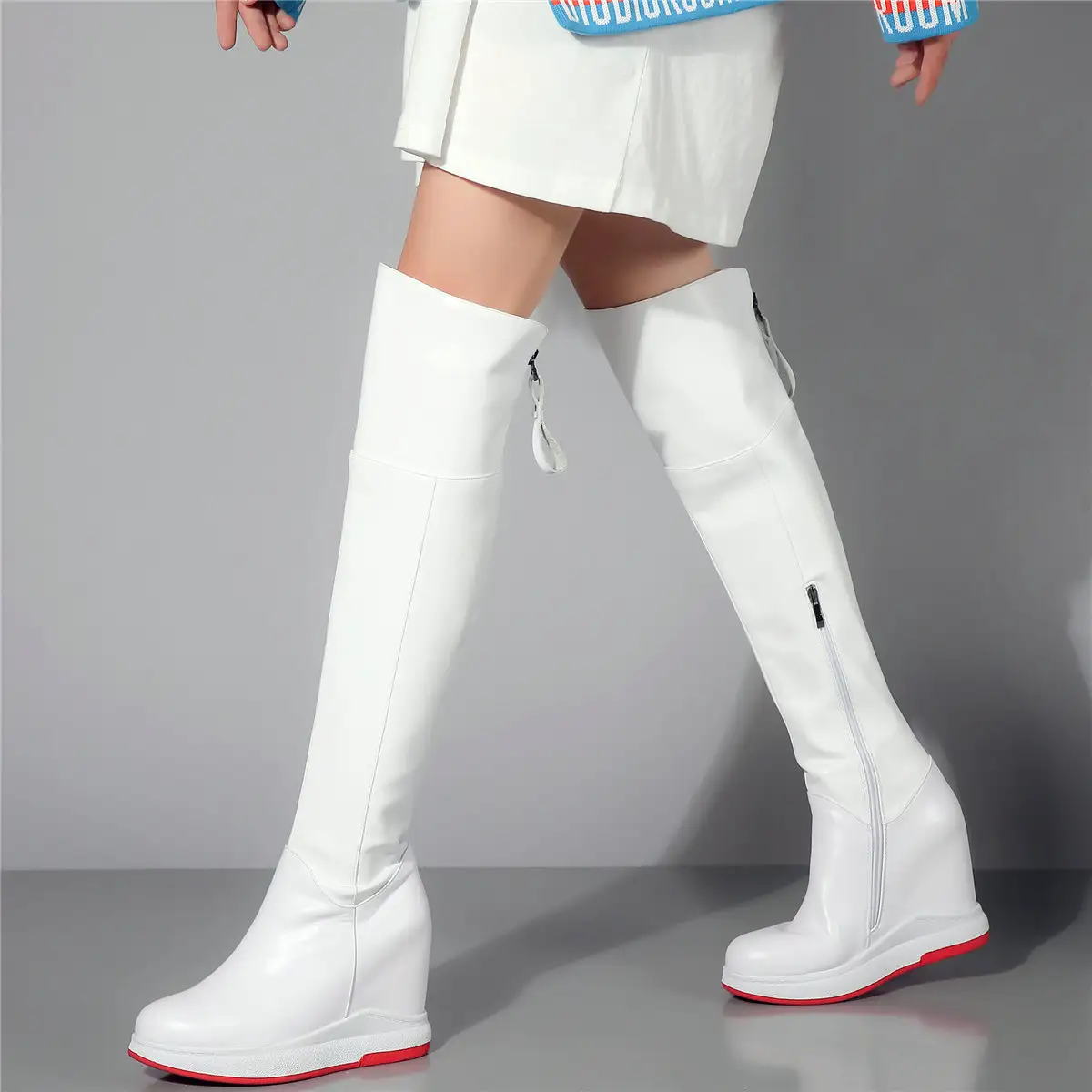 Winter Cow Leather Wedges Thigh High Snow Boots with Round Toe and High Heel, Suitable for Sneaker Style
