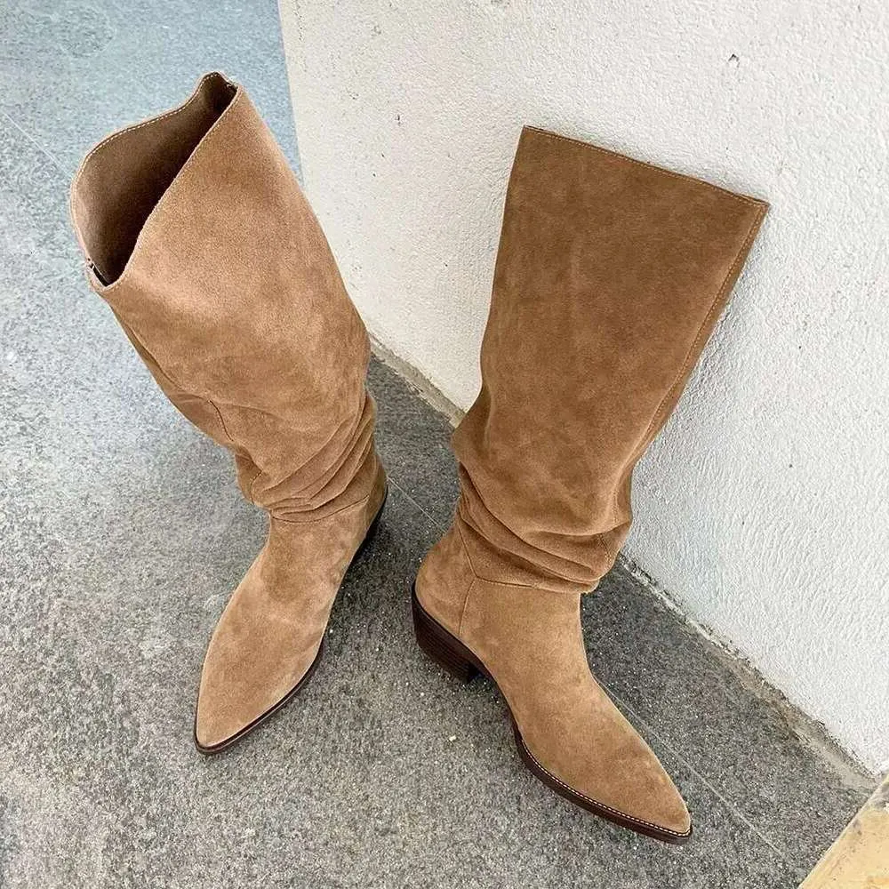 Suede Leather Retro Autumn And Winter Slip-On Women's Boots Pointed Toe Square Heel Basic Knee-High Boots